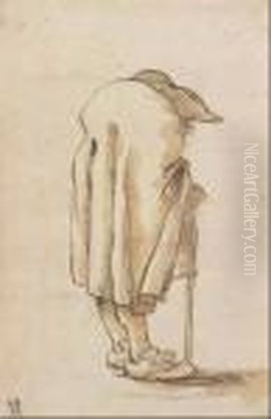 Caricatura Di Un Gobbo Con Bastone E Tricorno Visto Di Spalle - view 1