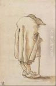 Caricatura Di Un Gobbo Con Bastone E Tricorno Visto Di Spalle