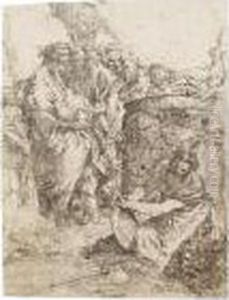 Kniende Frau Vor Den Magiern Und Anderen Figuren by Giovanni Battista Tiepolo