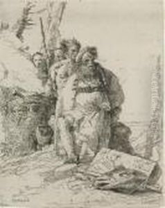 Magician With Four Figures Near A Smoking by Giovanni Battista Tiepolo