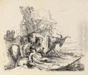 A Nymph With A Small Satyr And Two Goats From Vari Capricci by Giovanni Battista Tiepolo