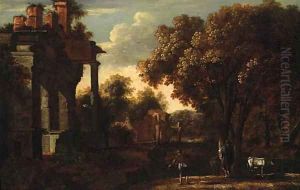 Drovers with Cattle on a Bank before a Ruin by South German School