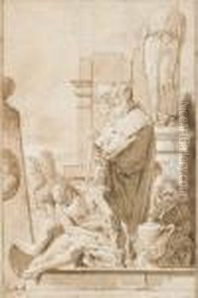 Des Hommes Assis Ou Debout, Certains En Costume Oriental, Devant Une Statue Sans Tete - view 1