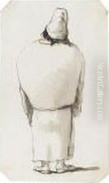 Caricature Of A Man Seen From Behind Wearing Robes And A Cap - view 1