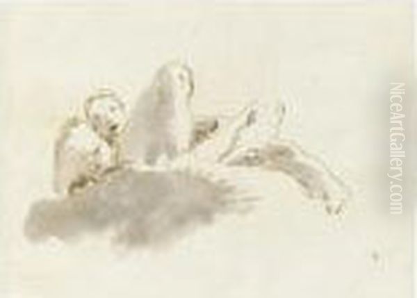 Young Woman Lying In The Clouds Seen From Below Holding An Urn - view 1
