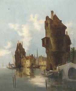 River traffic off a Dutch town by Cornelis Springer