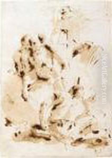 A Magus With A Globe And Book, Two Figures Beside Him And An Owl Above: - view 1