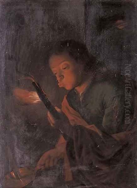 A boy holding a candle and blowing at an ember - view 1