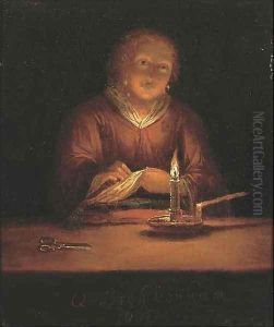 A lady sewing by candlelight 2 by Godfried Schalcken