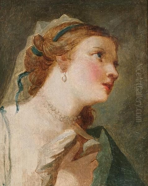 A Young Woman With A Pearl Necklace And Earrings And A Blue Ribbon In Her Hair - view 1