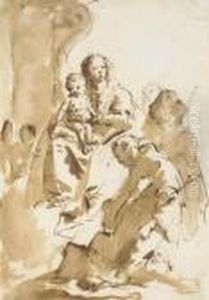 The Madonna And Child With Saint
 Anthony Of Padua Kneeling And Two Other Saints, An Angel By A Column In
 The Background by Giovanni Battista Tiepolo