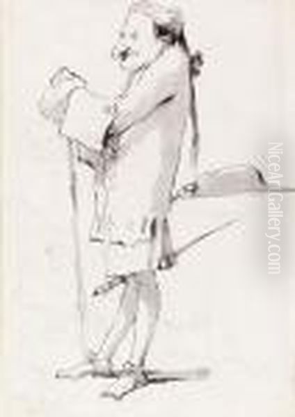 Caricature Of A Standing Cavalier Leaning On A Staff (recto) - view 1