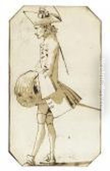 Caricature Of A Cavalier In Profile To The Left Holding A Muff - view 1