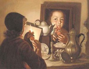 A young girl holding a chicken at a candlit mirror