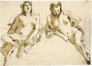 Design For A Lunette: Two Female Satyrs by Giovanni Battista Tiepolo