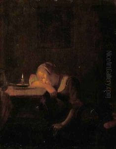A young girl asleep in an interior by candlelight by Godfried Schalcken