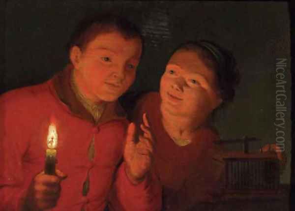 Children watching a birdcage by candlelight - view 1