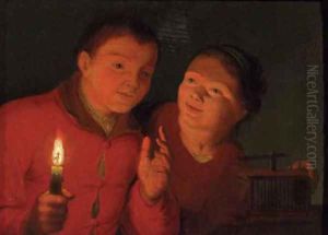 Children watching a birdcage by candlelight by Godfried Schalcken