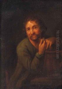 A bearded man with a pipe, leaning on a wooden pail by Godfried Schalcken