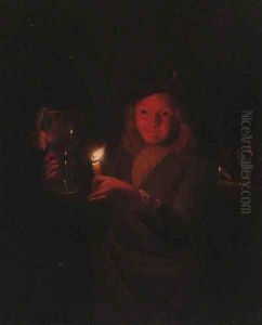 A boy holding a roemer by candlelight by Godfried Schalcken
