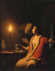 A Gentleman making advances on a Lady by Candlelight by Godfried Schalcken