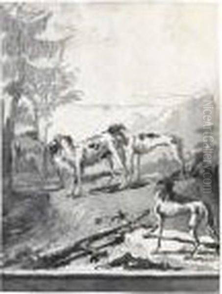 Four Hunting Dogs In A Landscape - view 1