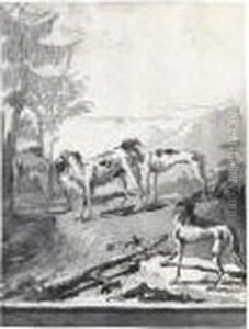 Four Hunting Dogs In A Landscape by Giovanni Domenico Tiepolo