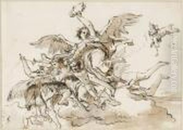 Ange Tenant Une Couronne Et Putti Dans Les Nuages - view 1