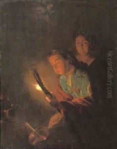 A young man blowing his torch to light a candle by Godfried Schalcken