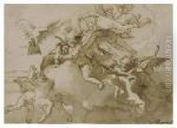 Cupid Blindfolded Frolicking With Doves And Other Putti In Theclouds - view 1