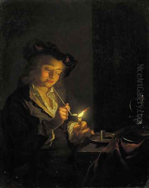A youth seated by a table lighting a pipe with a candle - view 1