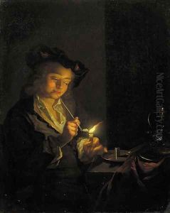 A youth seated by a table lighting a pipe with a candle by Godfried Schalcken