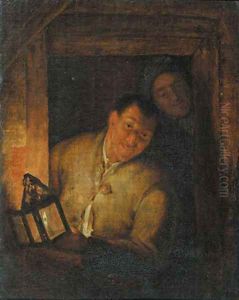 Boors at a window by candlelight by Godfried Schalcken