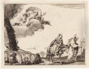 La Sacra Famiglia Procede A Destra In Prossimita Delle Mura Di Una Citta by Giovanni Domenico Tiepolo