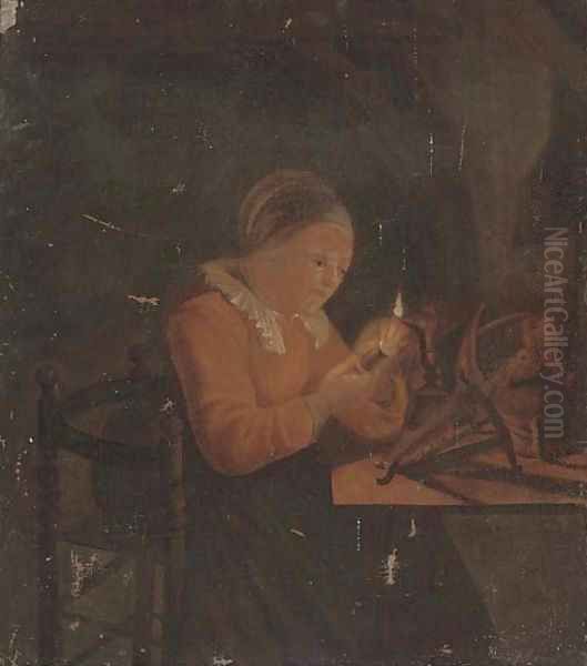 A lady sewing by candlelight - view 1