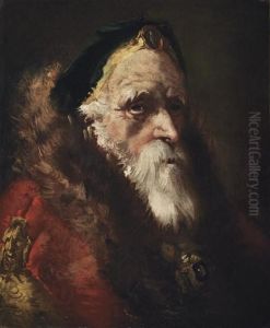 Head Study Of A Bearded Man, In A
Green Hat With A Brooch And A Fur-trimmed Red Mantle With A Jewelled
Buckle by Giovanni Domenico Tiepolo