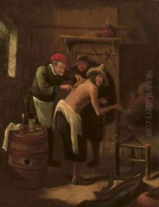 A quack operating on a peasant's back in an interior