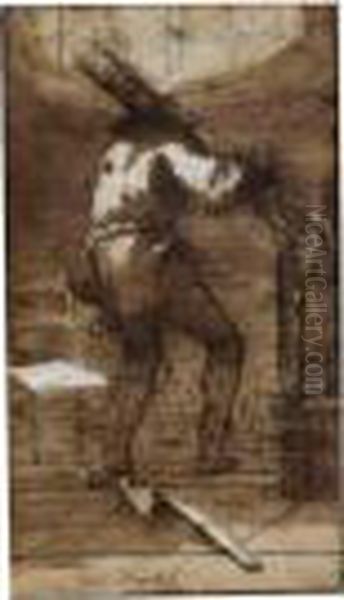 Etude D'homme Portant Du Bois Dans Un Interieur Sombre - view 1