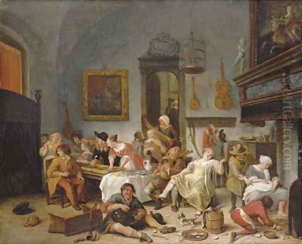 A tavern interior with people drinking and music-making - view 1