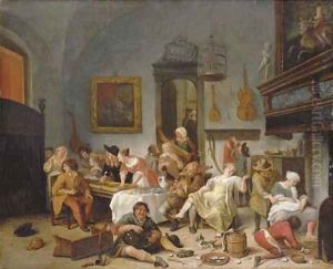 A tavern interior with people drinking and music-making by Jan Steen