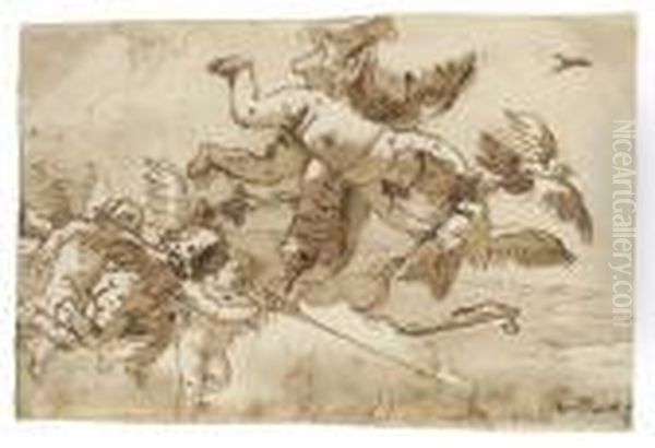 Cupid With His Bow And Doves In The Clouds, Amorini Collecting Hisarrows And Quiver - view 1