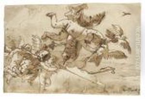 Cupid With His Bow And Doves In The Clouds, Amorini Collecting Hisarrows And Quiver by Giovanni Domenico Tiepolo
