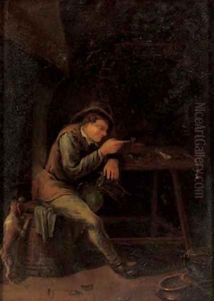 A peasant smoking a pipe in an interior with a dog - view 1