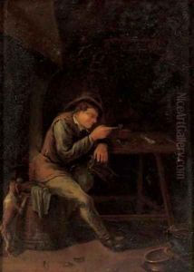A peasant smoking a pipe in an interior with a dog by Jan Steen