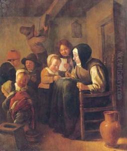A woman teaching children to read and write in an interior