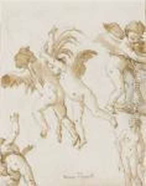 Five Putti Playing Together And A Statue Of A Nude Female Figure - view 1