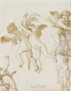 Five Putti Playing Together And A Statue Of A Nude Female Figure