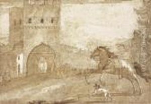 A Riderless Horse Galloping In
Front Of A Fortified Tower, A Punchinello Lying On The Ground In The
Distance by Giovanni Domenico Tiepolo