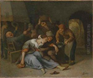 Peasants drinking and smoking in a tavern by Jan Steen