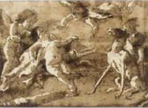 Cupid In A Landscape With Three Winged Putti And A Dog by Giovanni Domenico Tiepolo